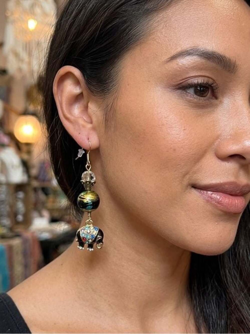 Artisan Black Elephant Hand Wrapped Vintage Art Glass 14K Gold Ear Wire Earrings